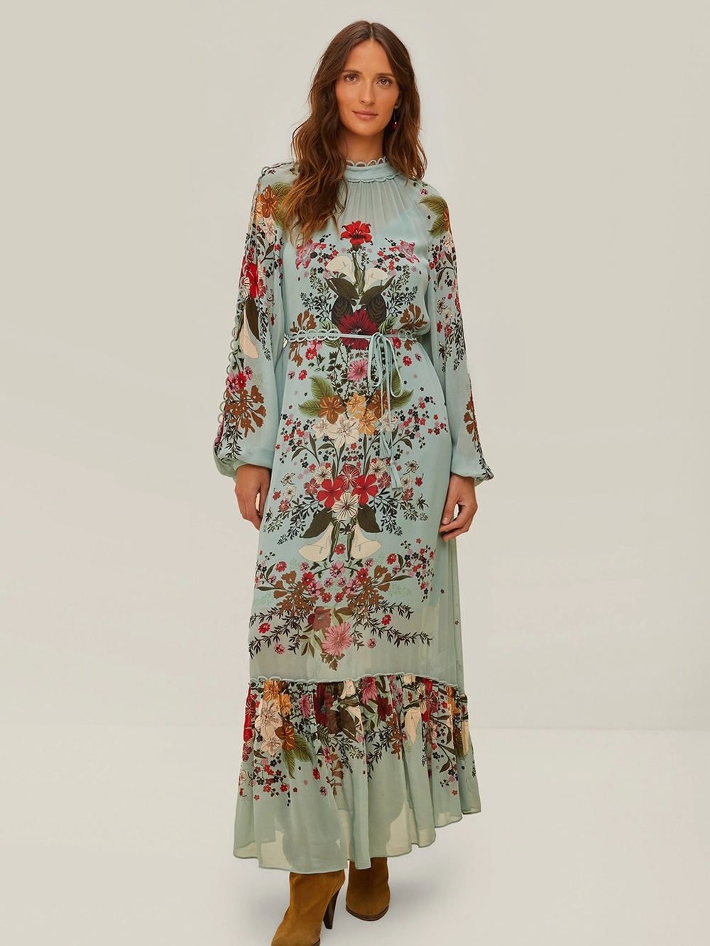 Farm Rio Dress Medium Beauty Bouquet Floral Long Sleeve Maxi Green Maxi Boho - Picture 3 of 16
